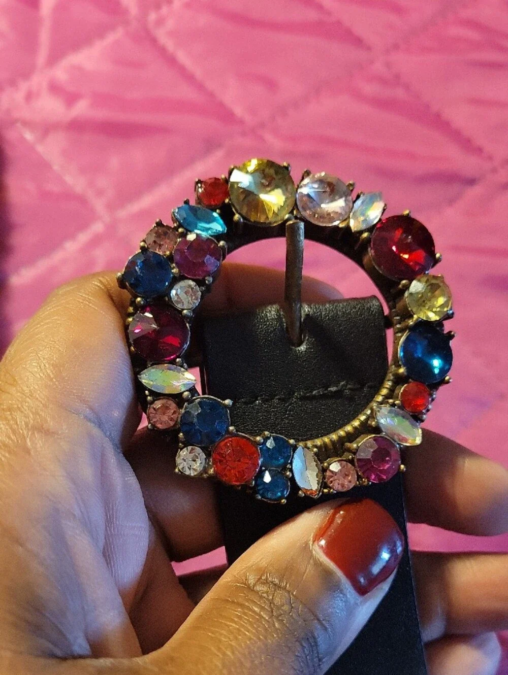 Eloquii Black Leather Women's Belt with Multicolor Jeweled Buckle 50